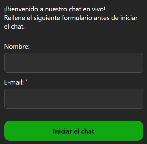 20Bet Casino formulario de chat en vivo para contactar con el servicio de soporte
