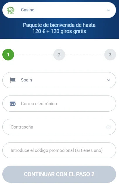 20Bet Casino formulario de registro con bono de bienvenida de hasta 120 € y 120 giros gratis